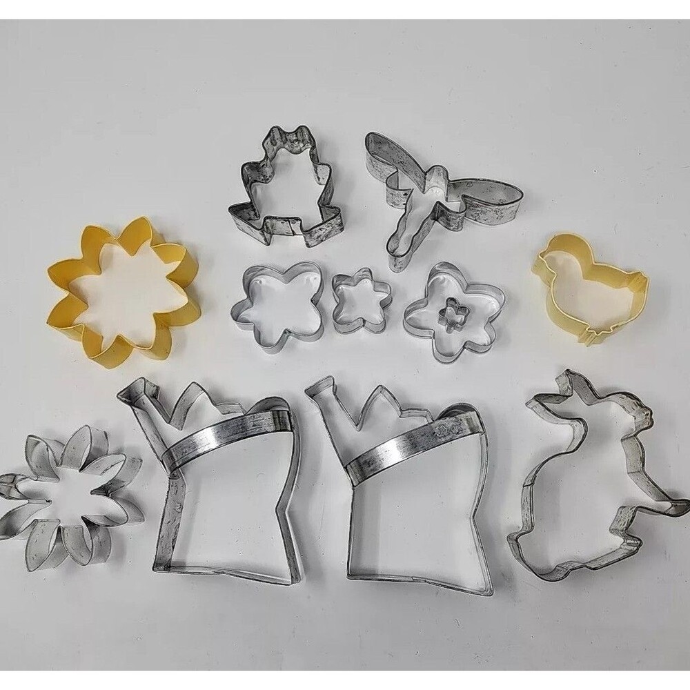 Vintage Metal Cookie Cutter Lot of 11 Spring Bunny Chick Flowers Frog Dragonfly